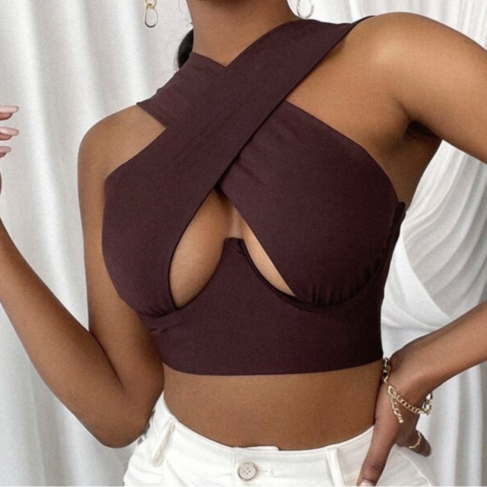 Elegant Brown Cross-Front Women's Top